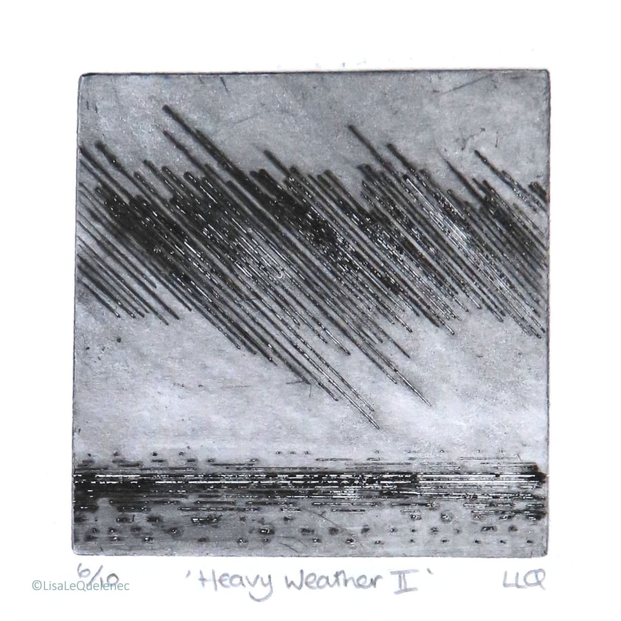 Original drypoint print of a rain storm over the ocean print 6 of 10