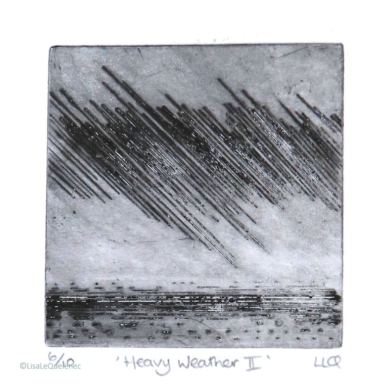 Original drypoint print of a rain storm over the ocean print 6 of 10