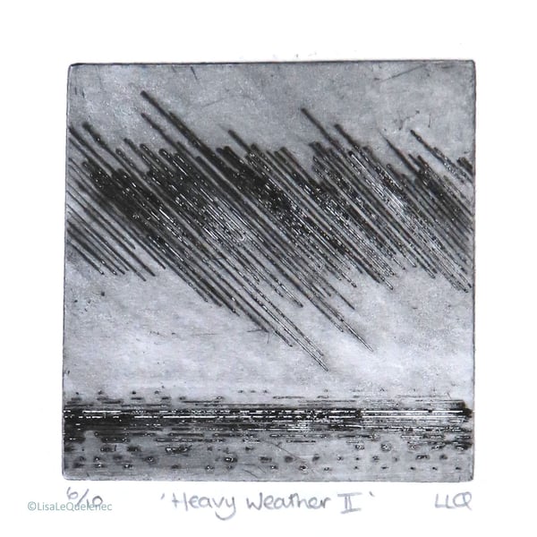 Original drypoint print of a rain storm over the ocean print 6 of 10