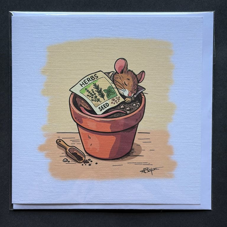 Napping Gardener Mouse Greeting Card - 15cm Square - Hand-Printed Linen Card