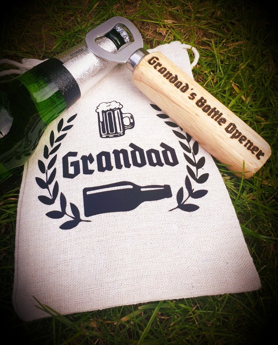 Personalised Wooden Bottle Opener with Drawstring Burlap Bag - Made To Order