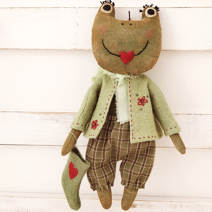 Vintage style frog with Christmas stocking 