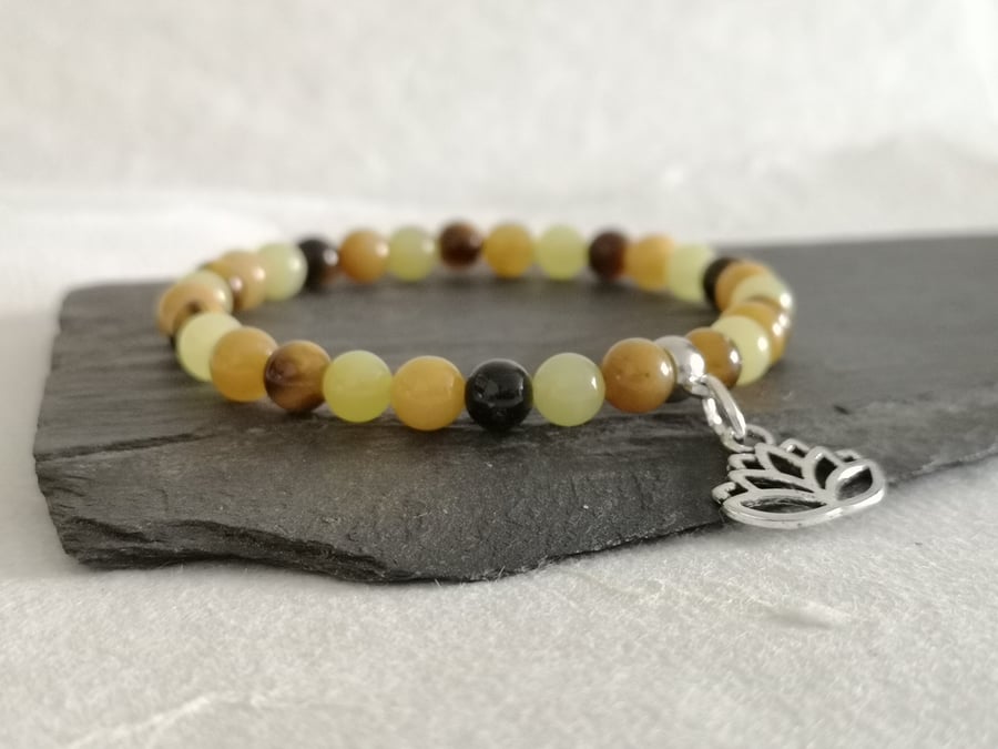 Solar plexus chakra elastic bracelet with tigers eye, yellow calcite and jasper 