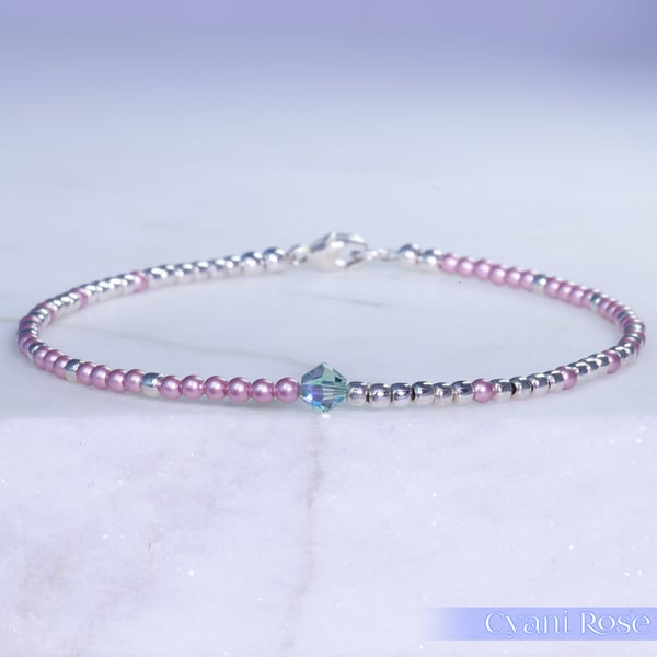 Bracelet dainty sterling silver & Swarovski pink glass pearl asymmetric pattern 