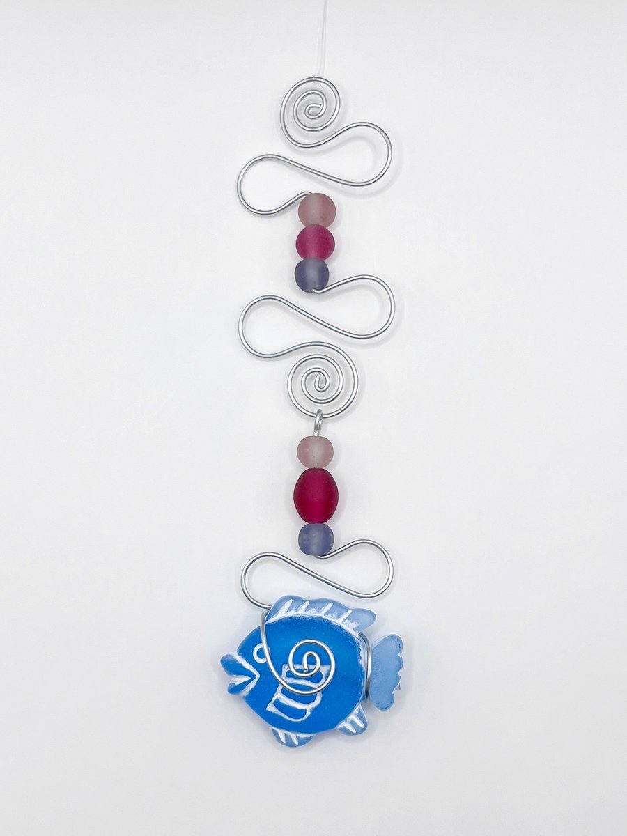 Blue Fish and Wire Mobile with Lilac and Pink Glass Beads