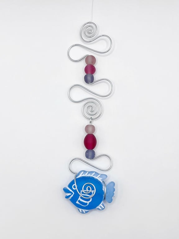 Blue Fish and Wire Mobile with Lilac and Pink Glass Beads