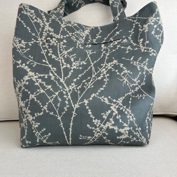 Handmade Charcoal Grey Linen Tote Bag with elegant Branch Pattern, Eco -Friendly