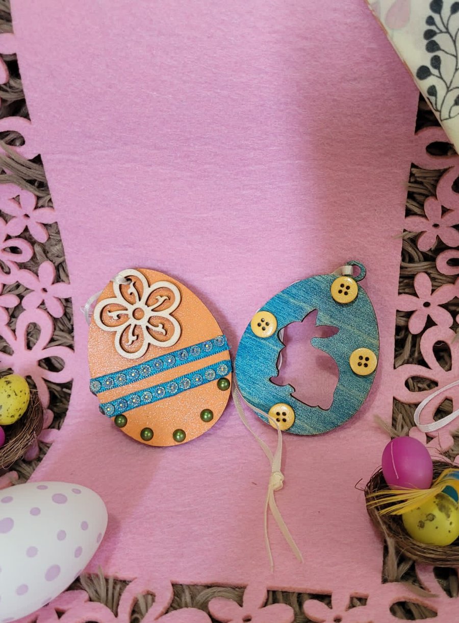 Set of Two Hand Painted Easter Wooden Shapes - Orange and Blue 