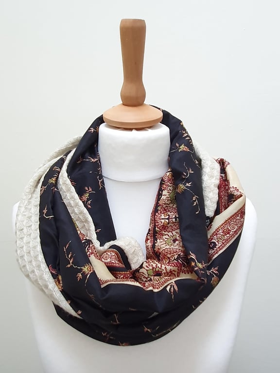 Sari silk and viscose double sided infinity scarf - snood. Dark red, black, soft