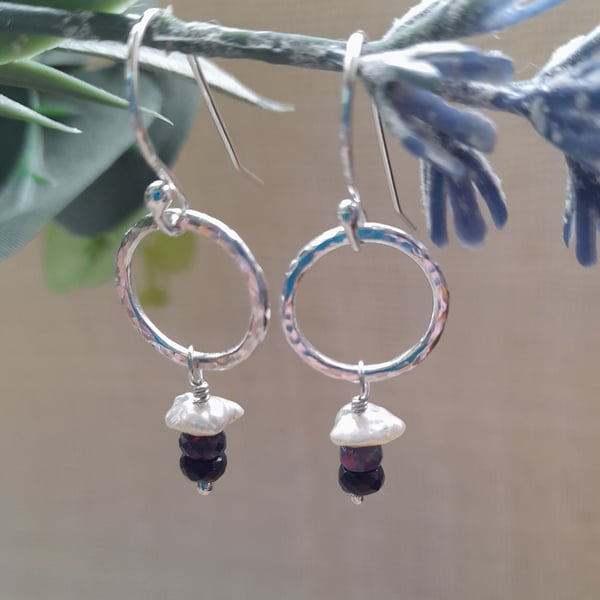   Argentium Silver hoop Earrings With Black Opals and Keshi Pearls 