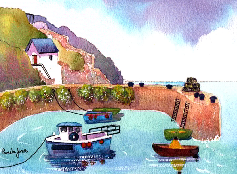 Porthgain Harbour, Pembrokeshire, Wales, Watercolour Print, in 14 x 11 '' Mount