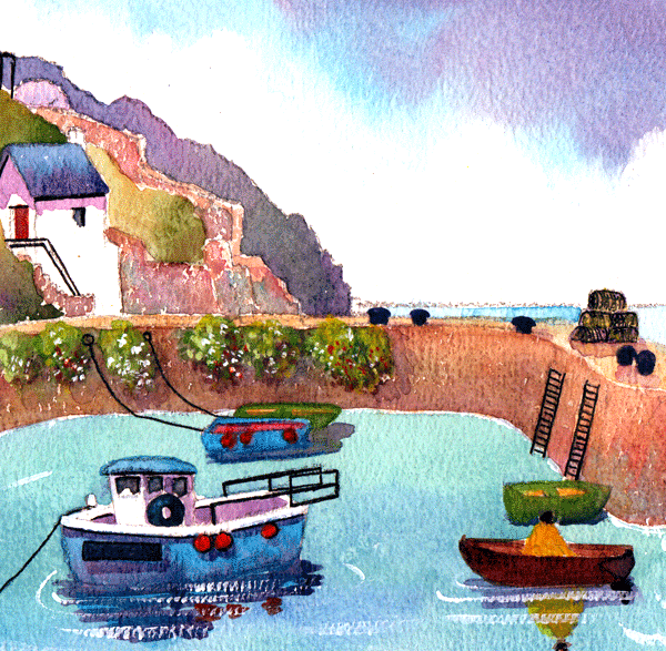 Porthgain Harbour, Pembrokeshire, Wales, Watercolour Print, in 14 x 11 '' Mount