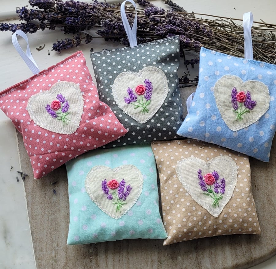  pure cotton lavender bags, 100% lavender filled, gifts, hand embroidered