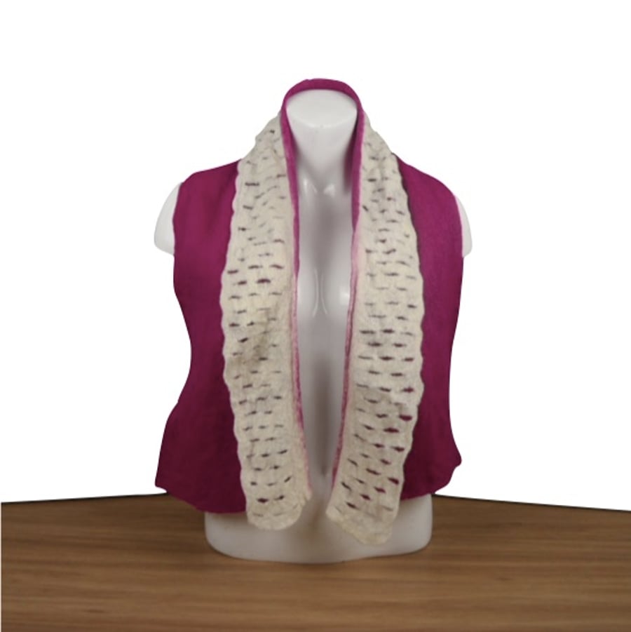 Wet felted scarf in fuchsia pink with white slatted border. SALE