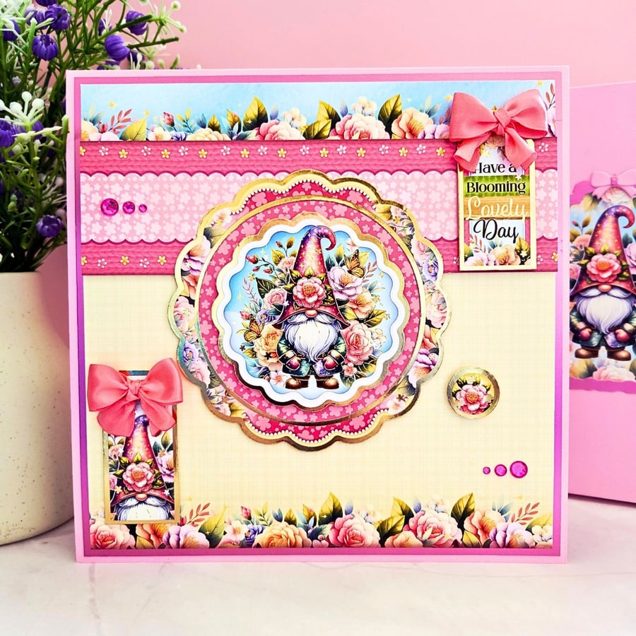Gnome Birthday Card - Keepsake With Matching Giftbox, Pink & Pastel Yellow