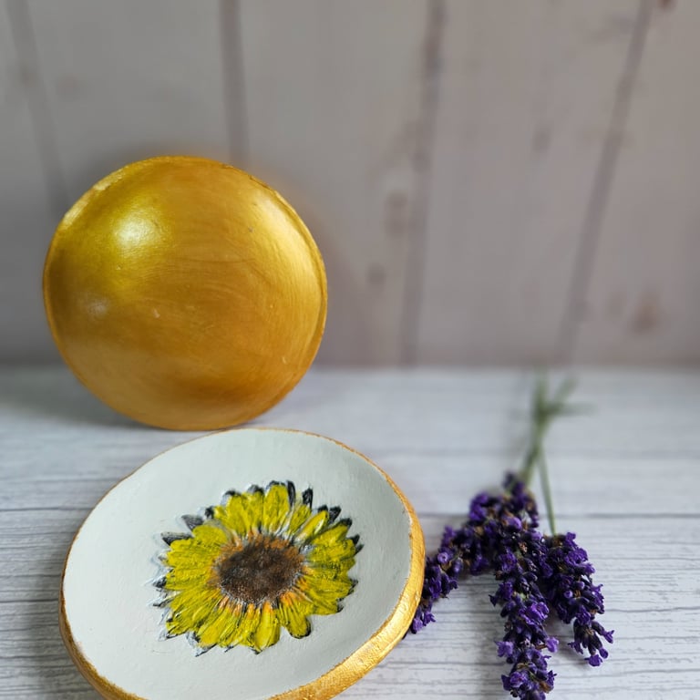 Clay Trinket Ring Dish - Sunflower Embossed Hand-painted