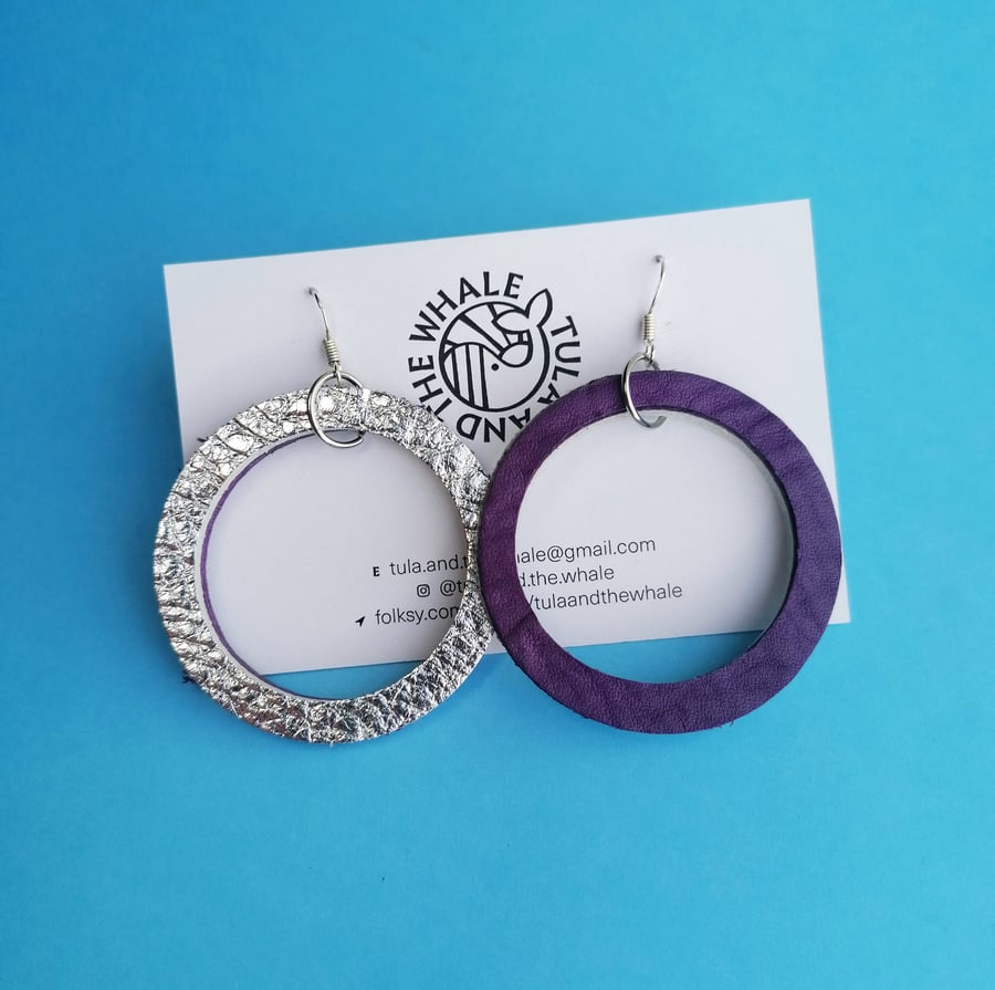 Colour Duo Leather Hoop Earrings - Purple & Silver Large