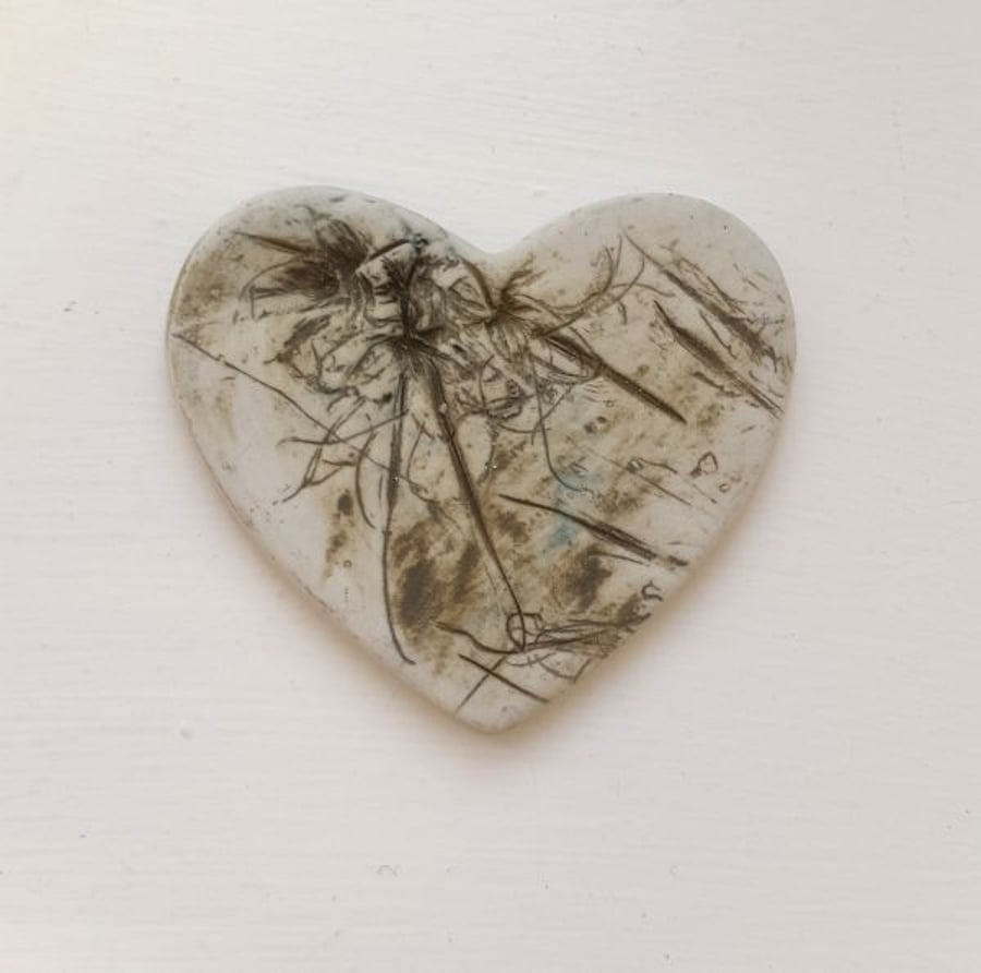 Rustic Plant Life Ceramic Heart Brooch