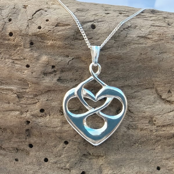 Art Nouveau Heart Pendant, Silver Celtic Heart Necklace