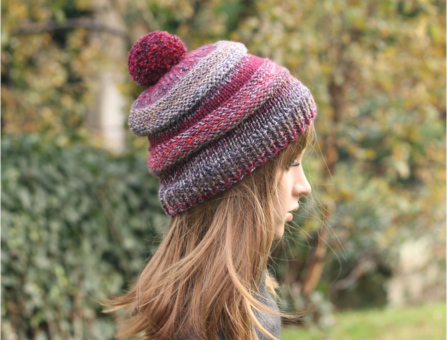 HAT knitted burgundy, purple, grey, red, chunky winter bobble hat, womens