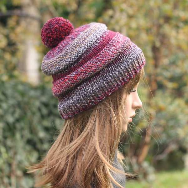 HAT knitted burgundy, purple, grey, red, chunky winter bobble hat, womens