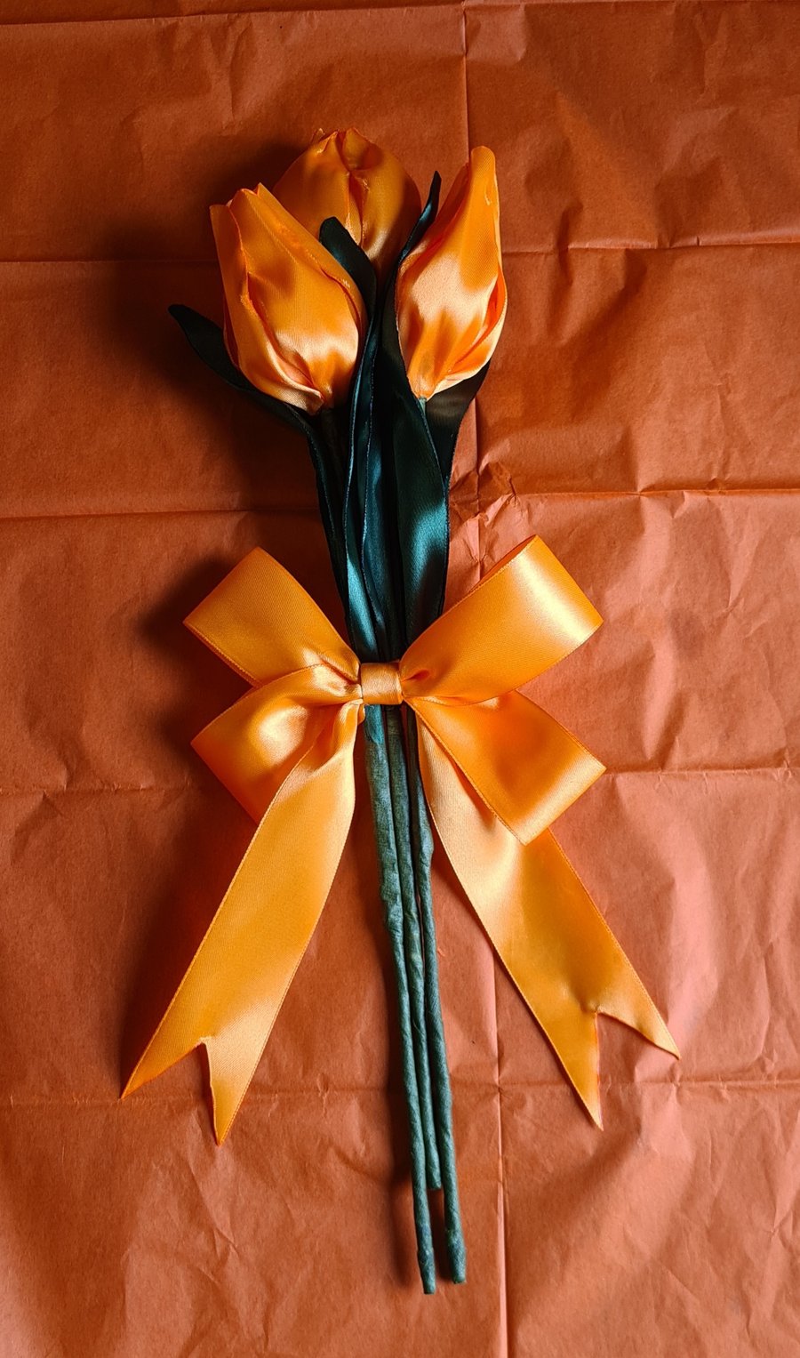 Beautiful Trio of Orange Ribbon Tulips - Orange Bow. Faux Flowers gift