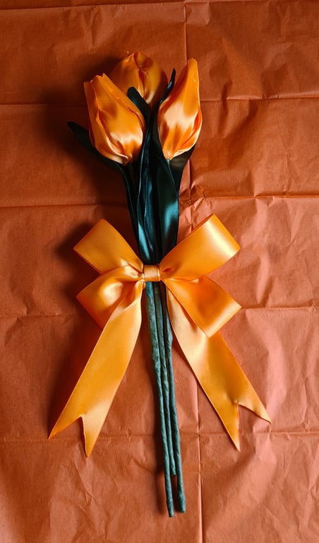 Beautiful Trio of Orange Ribbon Tulips - Orange Bow. Faux Flowers gift