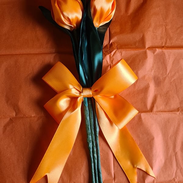 Beautiful Trio of Orange Ribbon Tulips - Orange Bow. Faux Flowers gift