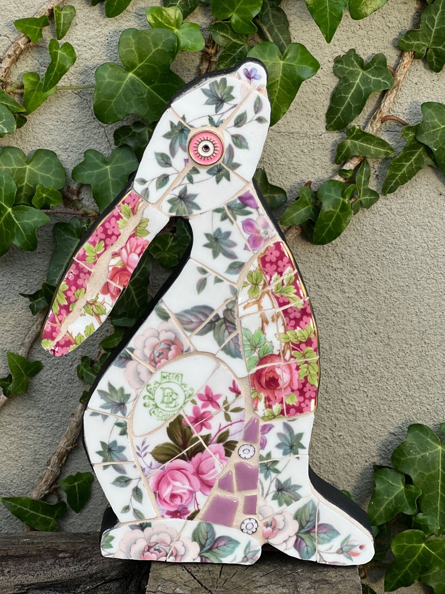 Mosaic Moon Gazing Hare, Made with Vintage china, Ceramic Mosaic Art