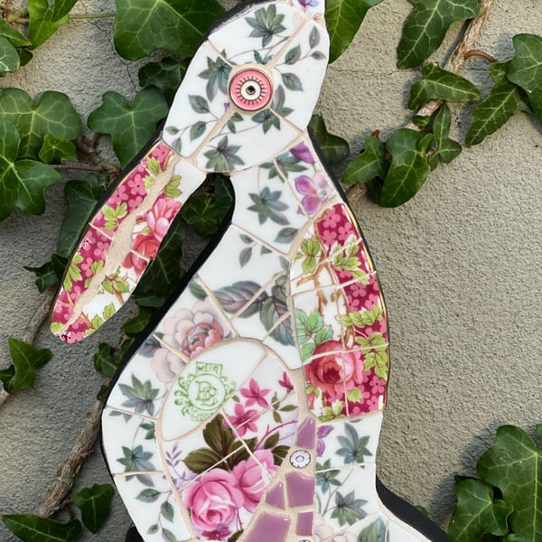 Mosaic Moon Gazing Hare, Made with Vintage china, Ceramic Mosaic Art