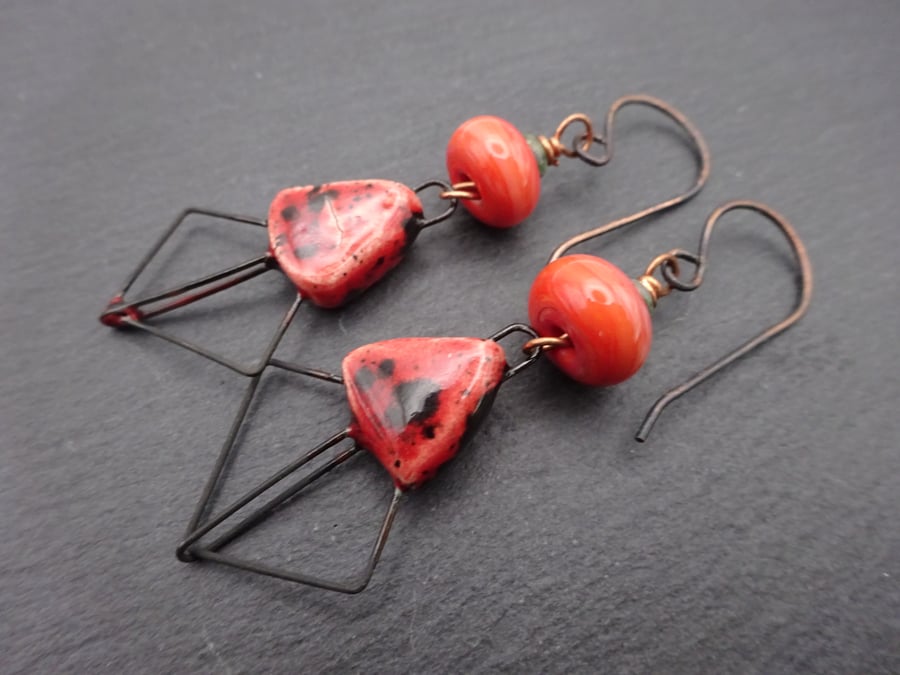 copper earrings, lampwork glass and ceramic drops