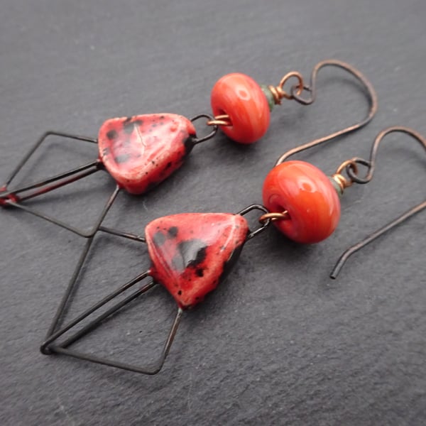 copper earrings, lampwork glass and ceramic drops