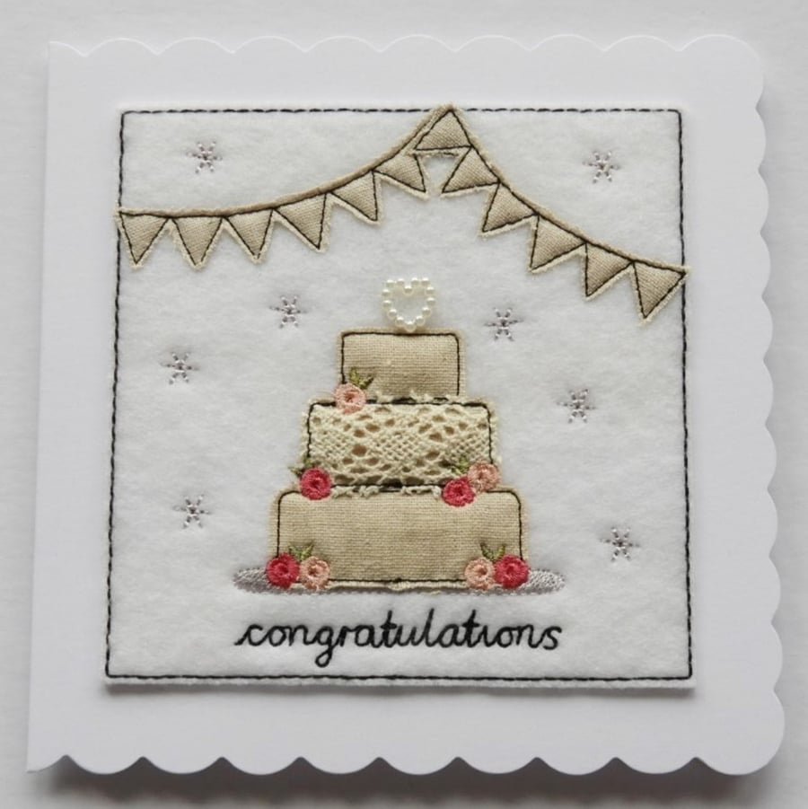 Wedding Cake Card, Wedding Congratulations, Textile Card, Linen Embroidered Card
