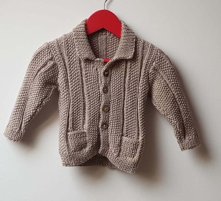 6-12 month Hand Knitted Textured Baby Cardigan with pockets 