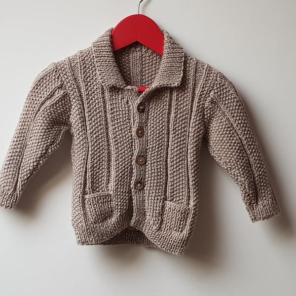 6-12 month Hand Knitted Textured Baby Cardigan with pockets 
