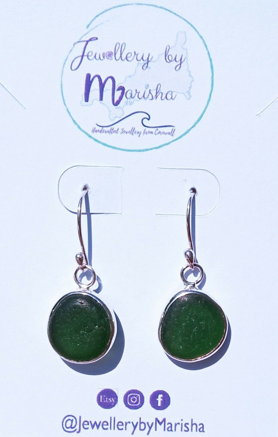 Handcrafted Fine & Sterling Silver Cornish Seaglass Earrings in Olive Green