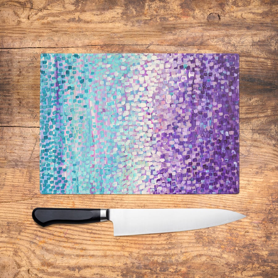 Winter Garden Glass Chopping Board - Blue & Purple Worktop Saver, Platter, Large