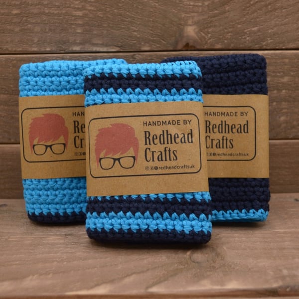 Set of 3 Crochet Washcloths, Eco Cotton Face Cloth Pack, Shades of Blue