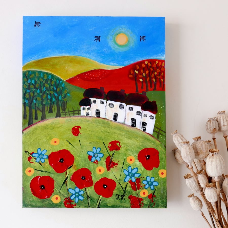 Original Naive Landscape with Red Poppies and Cottages