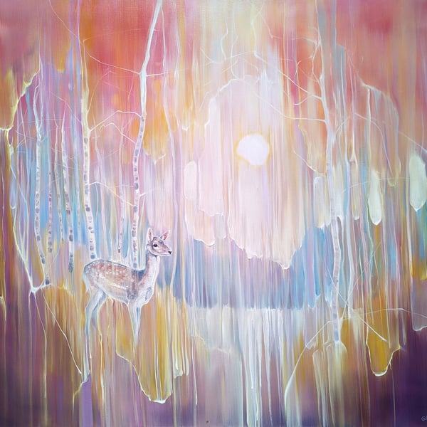 She Dreams is a painting of a fallow deer in a semi-abstract landscape