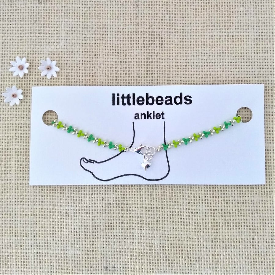 Green and Silver Seed Beaded Anklet