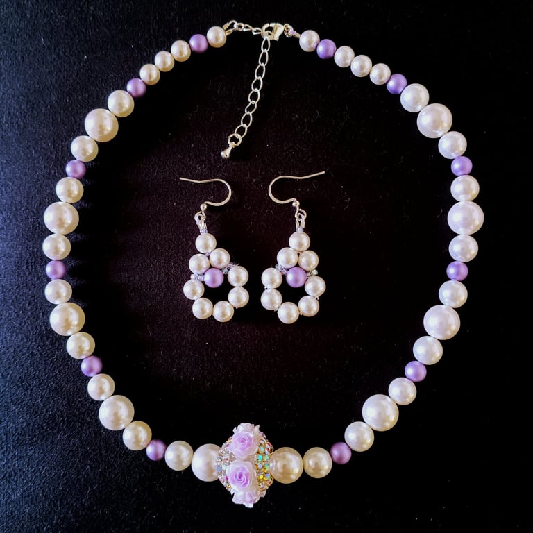 White Pearl & Lavender Roses Necklace And Earring Set, Lilac Floral Jewellery