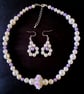 White Pearl & Lavender Roses Necklace And Earring Set, Lilac Floral Jewellery