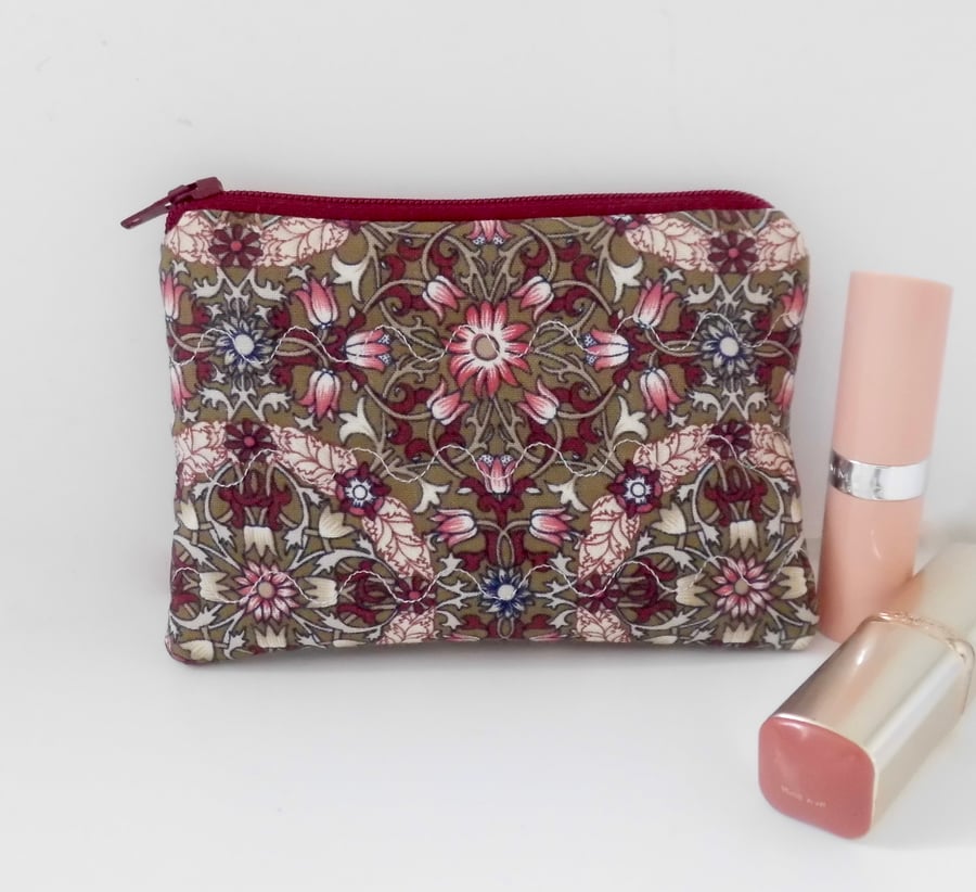 SOLD Coin purse in William Morris print fabric pink and brown