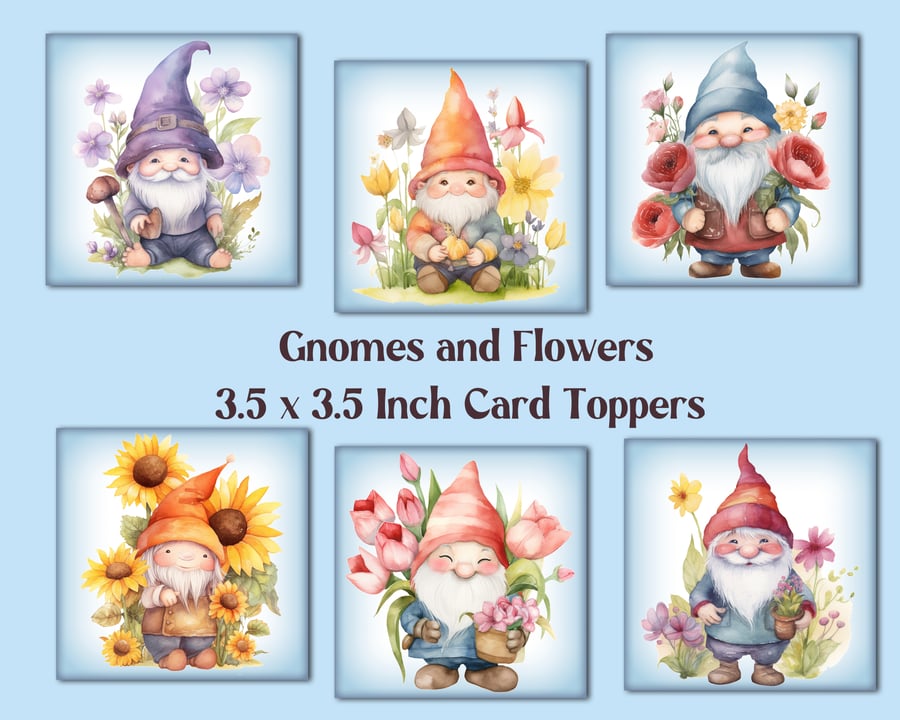 Gnomes and Flowers Square Card Toppers Card Making, Tags, Scrapbooks