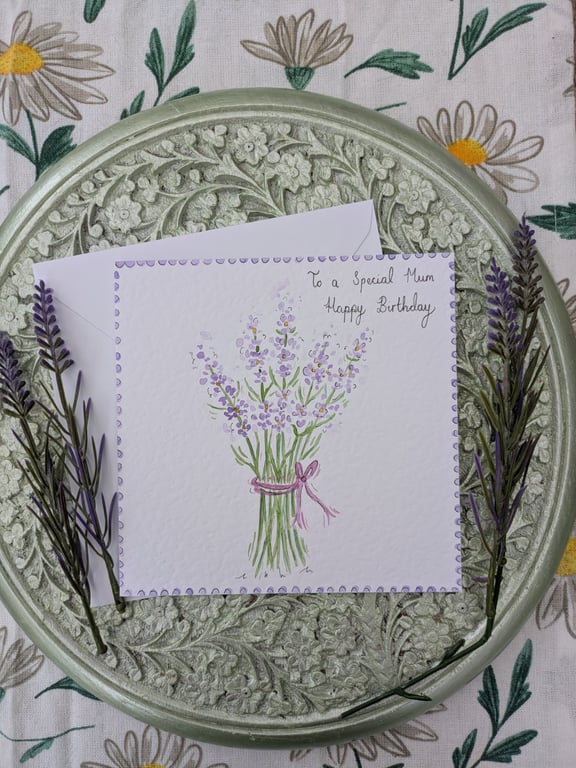 Lavender bouquet hand-painted "Mum" Birthday card