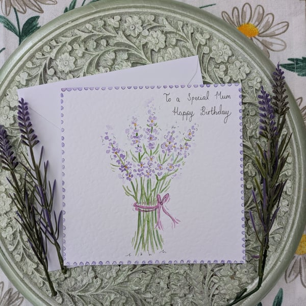 Lavender bouquet hand-painted "Mum" Birthday card