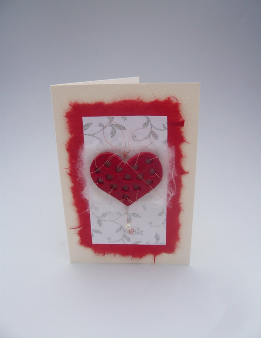 Handmade Valentine's Card Large punched heart with pearl