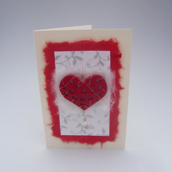 Handmade Valentine's Card Large punched heart with pearl