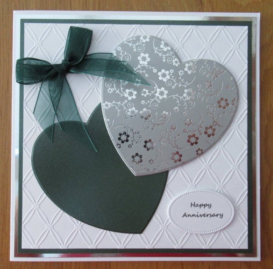 7x7" Luxury Two Hearts - Anniversary Card - Forest Green